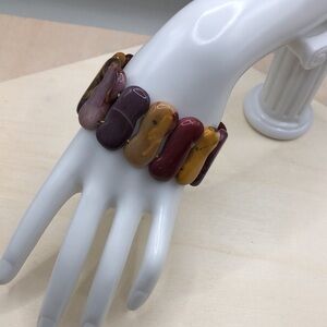 Polished stone earth tones stretch bracelet wide, boho statement style.